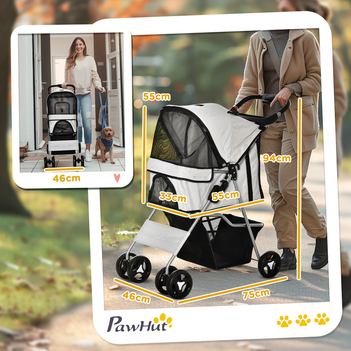 Poussette buggy pour chiens 77L x 45l x 99,5H cm pliable imperméable tissu 600D Oxford 4 roues gris-2