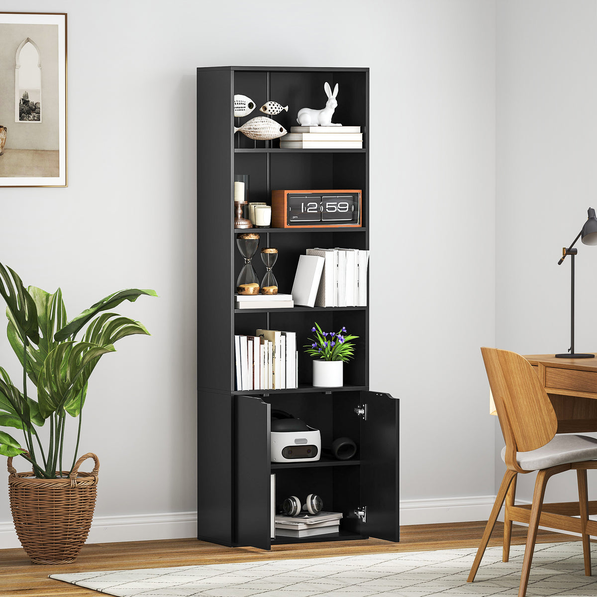 Bibliothèque Armoire à livres avec 4 compartiments ouverts et 2 portes pour le salon et le bureau 59x29x180 cm Noir-7