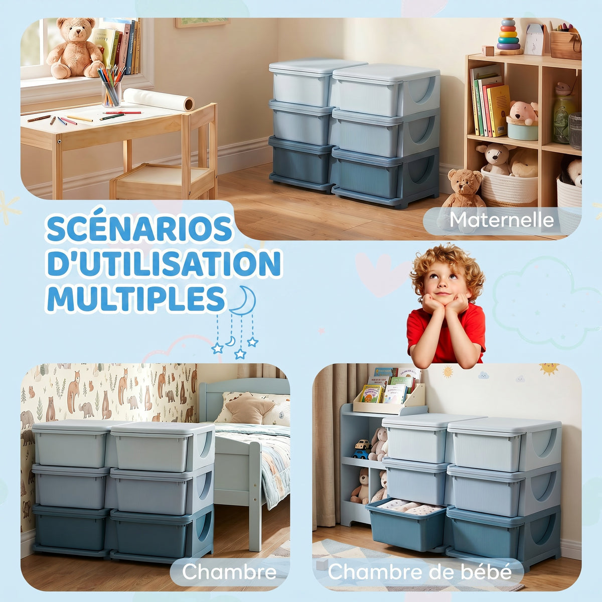 Organisateur de jouets pour enfants à 3 niveaux avec 6 tiroirs, boîtes de rangement en plastique, 75x37x56,5cm, bleu-4
