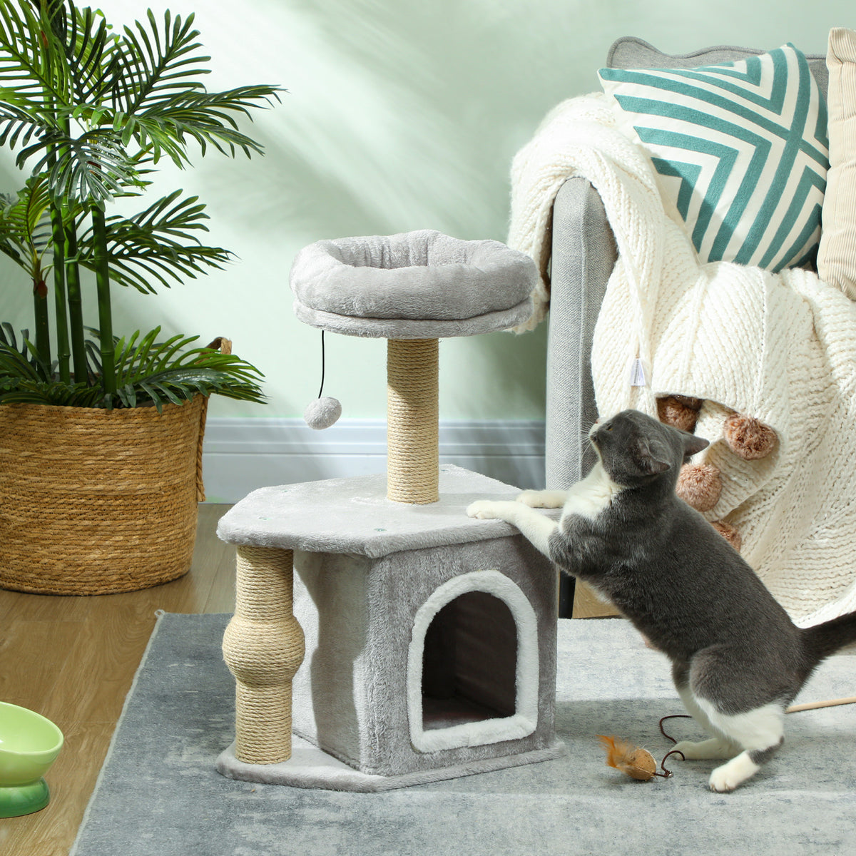 Arbre à chat tour de jeux pour chats, avec poteaux à griffer lit pour chat maison pour chat 42 x 30 x 66 cm gris clair-1