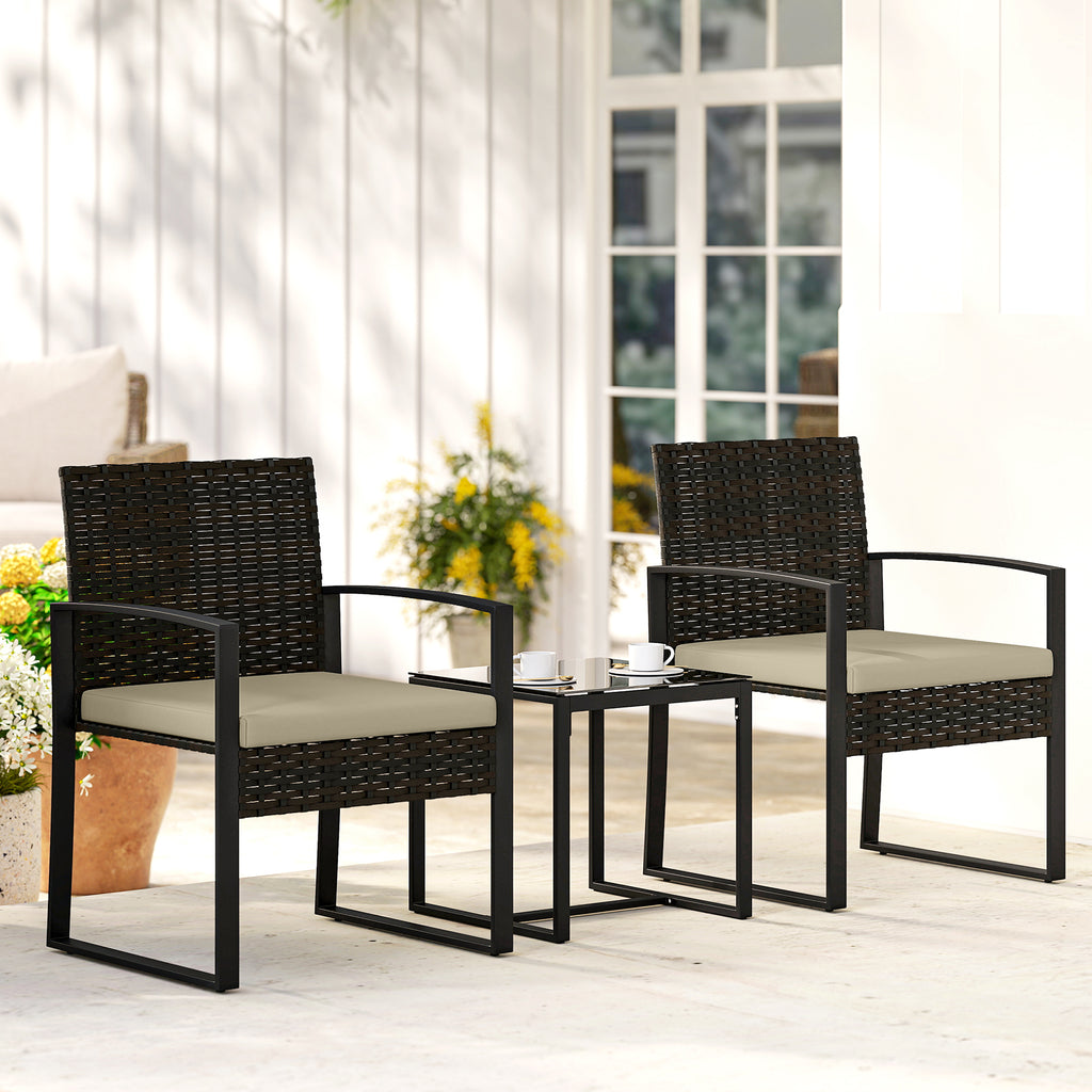 Salon de jardin extérieur en résine tressée 2 personnes, table de jardin avec 2 chaises, plateau en verre trempé, marron-1