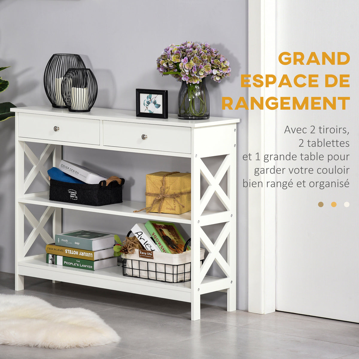 Table de console table d'entrée style table de drapier néo-rétro 2 tiroirs 2 étagères dim. 100L x 30,5l x 80H cm en bois blanc-3