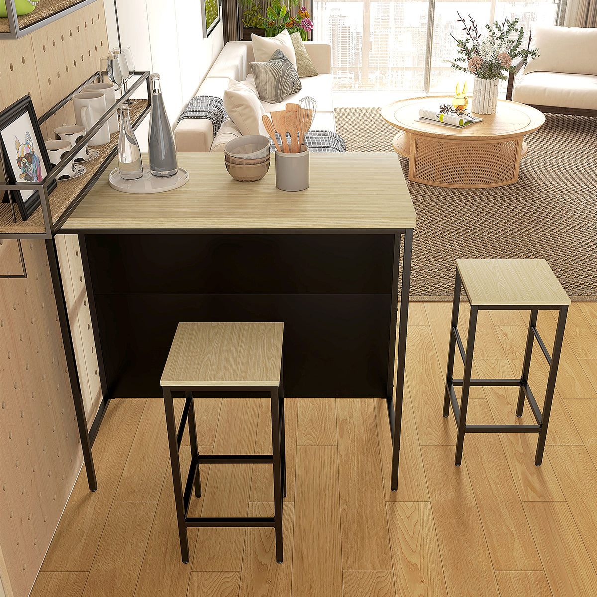 Ensemble table de bar et 2 tabourets style industriel avec étagère de rangement, repose-pieds, métal noir et aspect bois-7