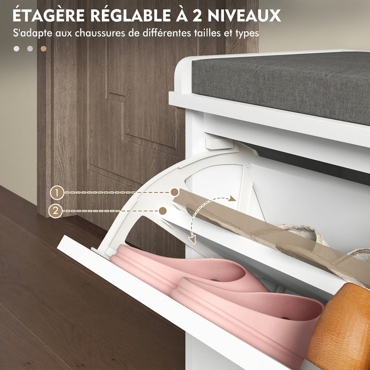 Banc à chaussures avec tiroir rabattable, coussin d'assise et étagère réglable, 80 x 26 x 48 cm, blanc-4