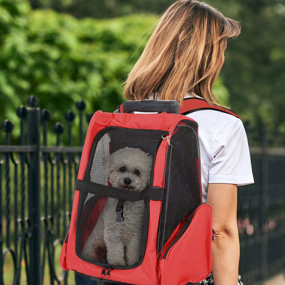 Sac de transport à roulettes pour chien 2 en 1 trolley chariot sac à dos pour chien chat avec poignée téléscopique, sacs de rangement, aérations, attache de sécurité, 42 x 25 x 55 cm, rouge-1