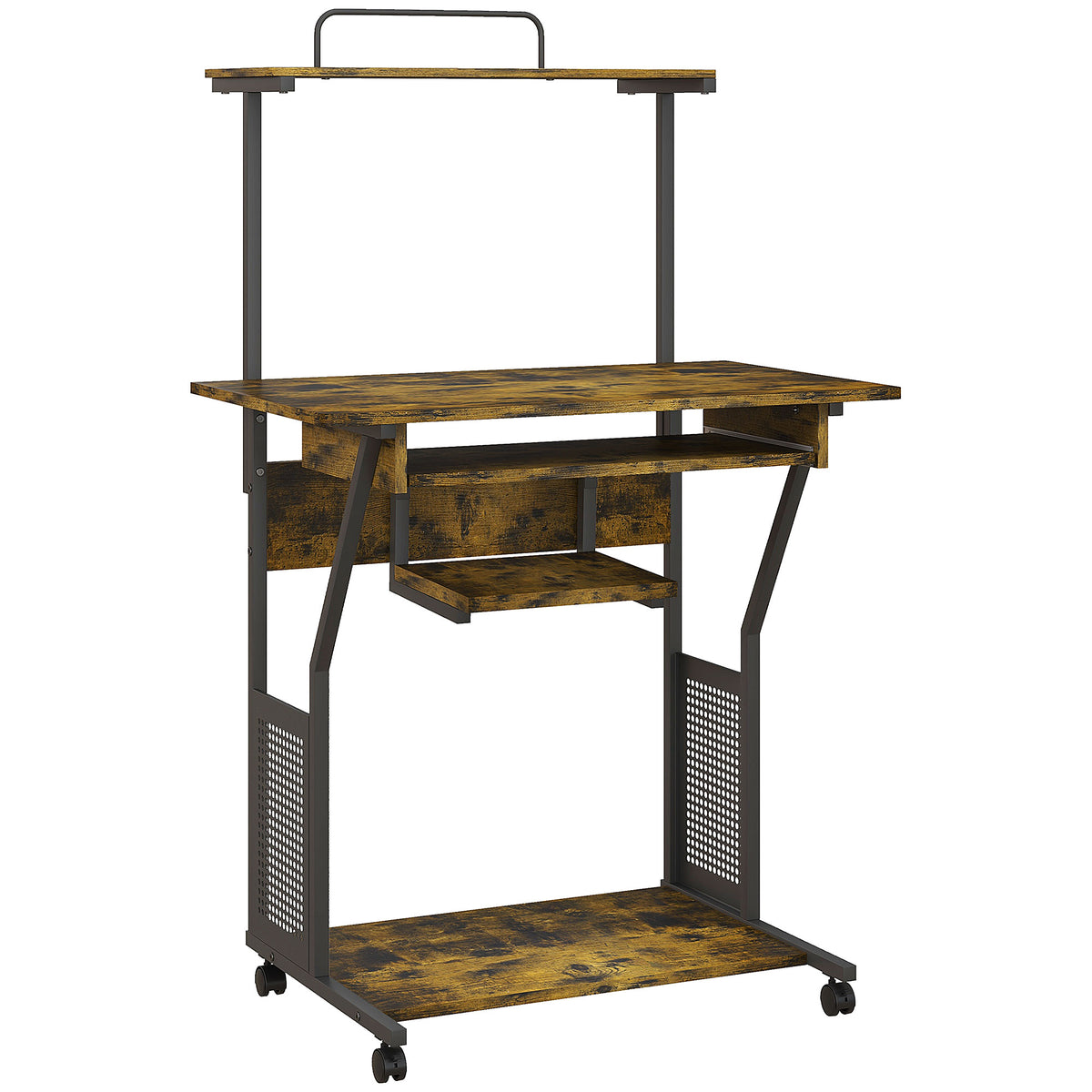 Bureau d'ordinateur roulant avec étagères de rangement, poste de travail et plateau pour clavier, 80x50x130cm, marron-0