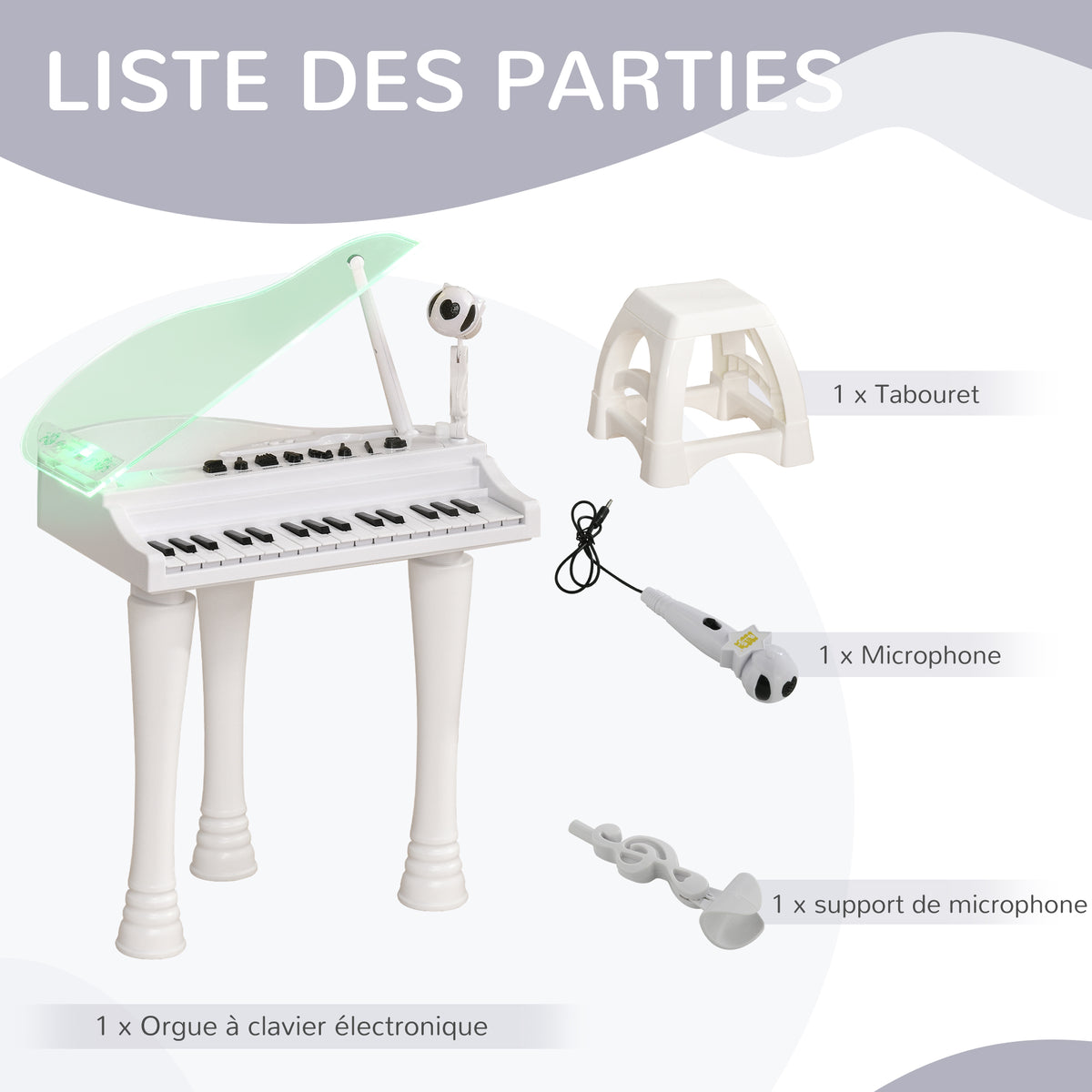 Piano enfant électronique 32 touches multifonctions avec micro haut parleur tabouret couvercle lumineux LED blanc-8