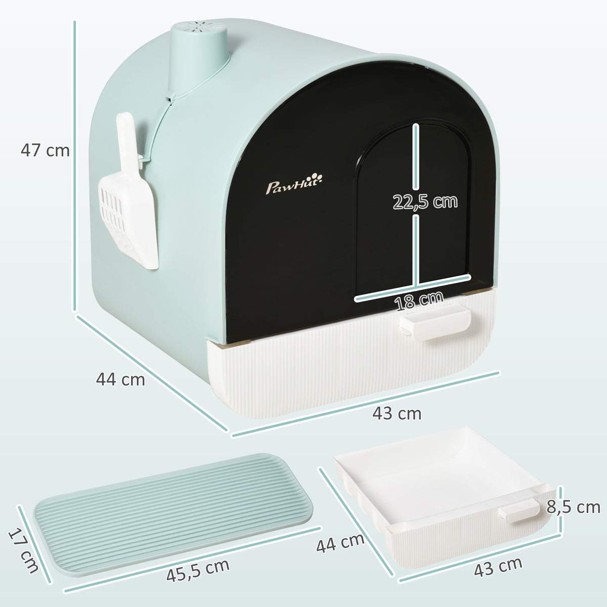 Maison de toilette pour chat avec tiroir amovible, bac à litière fermé avec tapis anti-trace, pelle, filtre anti-odeur et porte battante, nettoyage facile, 43 x 44 x 47 cm, vert-2