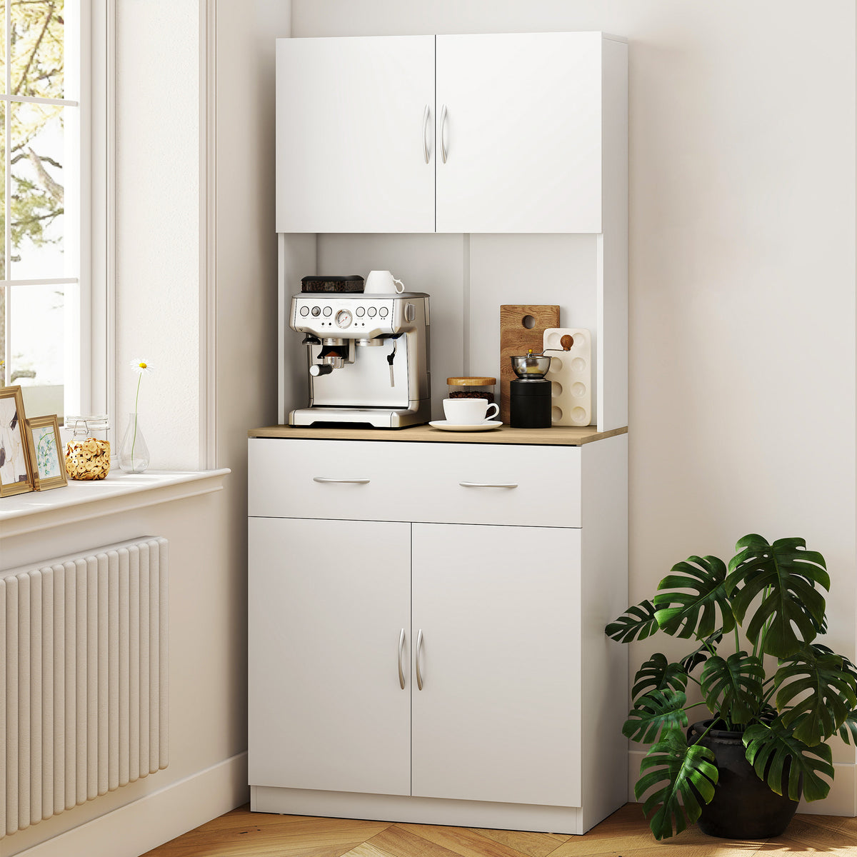 Buffet haut cuisine, armoire de cuisine, 4 portes, tiroir, plan de travail et étagères réglables, 80x40x180cm, blanc-1