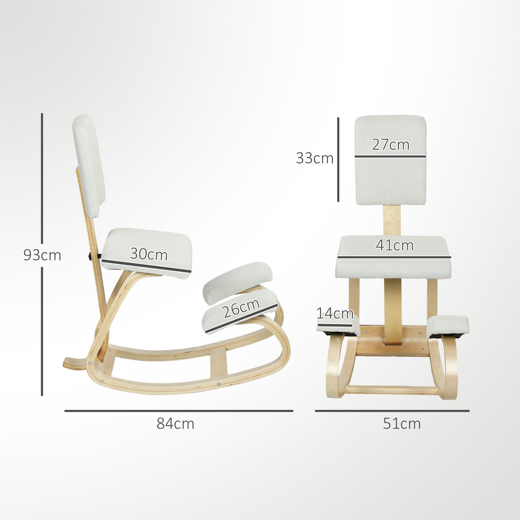 Siège assis genoux, tabouret ergonomique en bois à bascule avec dossier, chaise à genoux pour bureau à domicile, crème-2