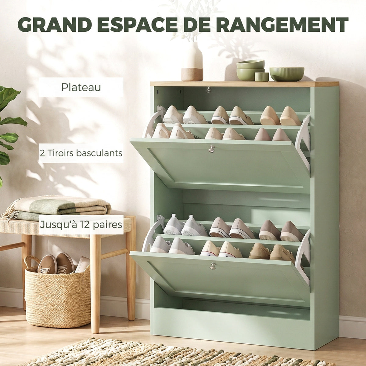 Meuble à Chaussures 12 Paires, Armoire à Chaussures Étroite avec 2 Tiroirs, Étagères Réglables, 60 x 23,5 x 80 cm, Vert-3