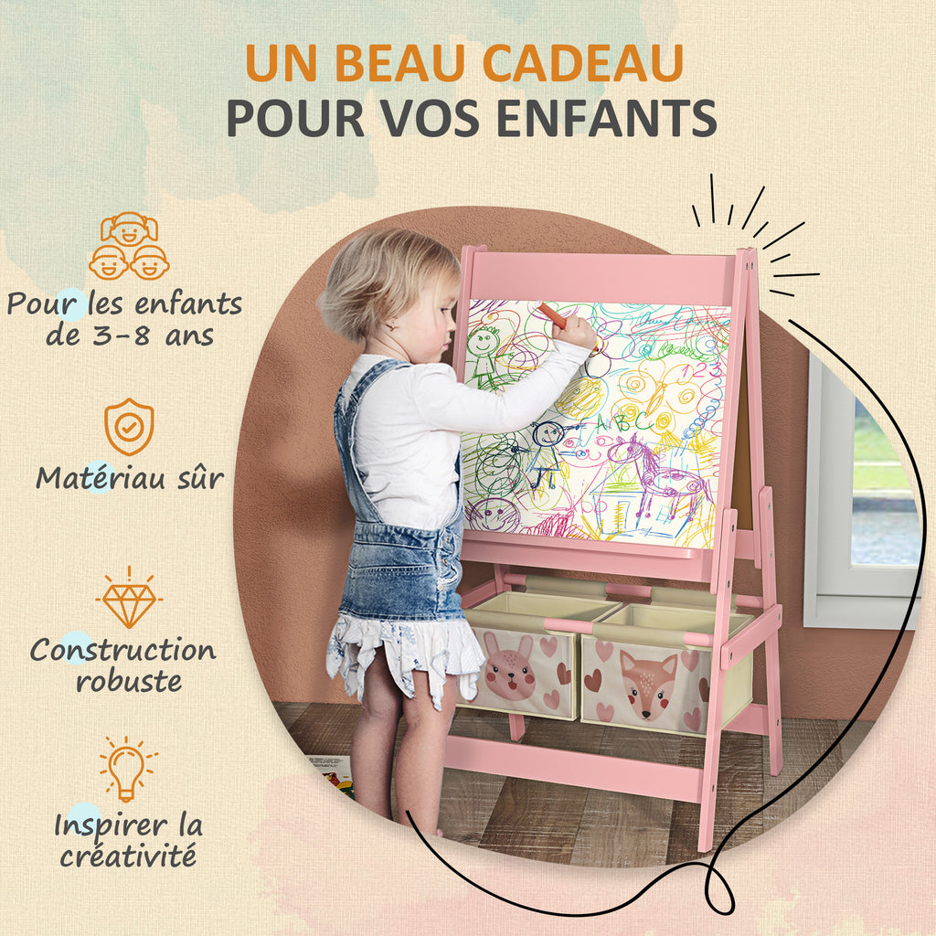 Tableau chevalet enfant ardoise double face tableau à craie rouleau papier 2 paniers 54 x 46,5 x 93 cm rose-5