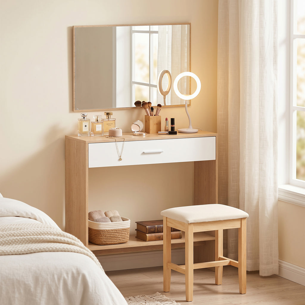 Console meuble + miroir, table console étroite avec tiroir et étagère, style moderne, 91,5 x 27,9 x 85,5 cm, chêne-7