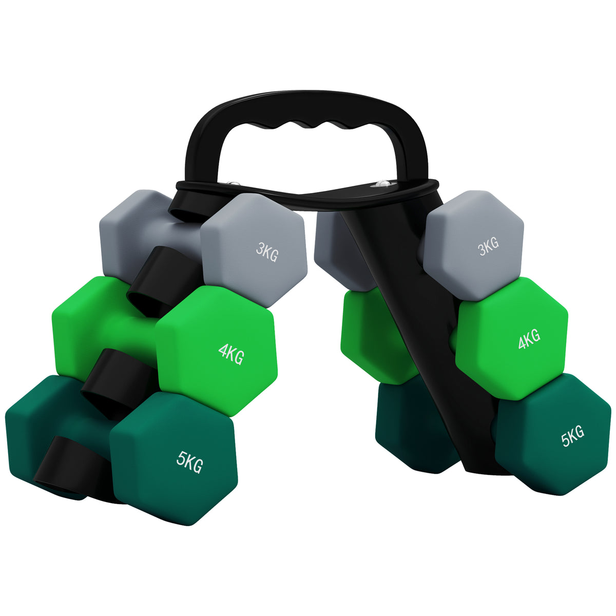Lot d'haltères hexagonaux, haltères musculation, 2 x 3 kg, 2 x 4 kg, 2 x 5 kg, avec support convertible d'haltères-0