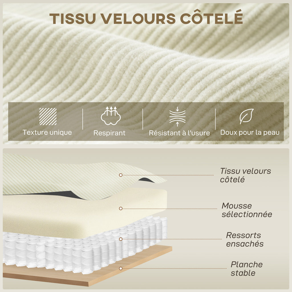 Canapé d'angle réversible 3 places moderne avec coussins inclus, tissu velours côtelé, crème-4
