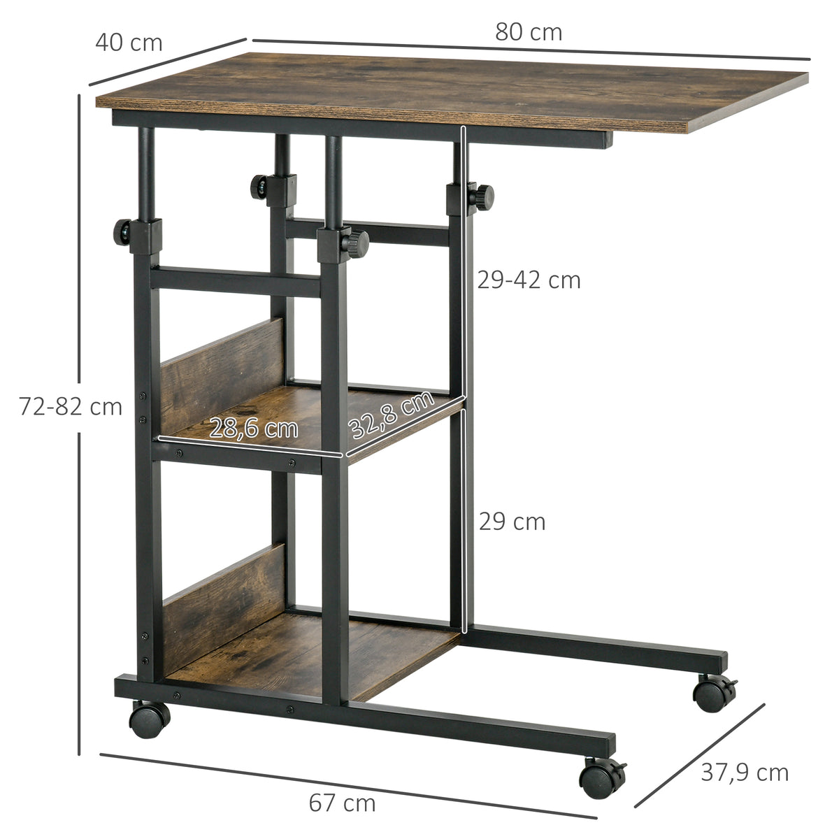 Table d'appoint Bout de canapé Table roulante Table de Lit pour Ordinateur Portable Hauteur réglable - 2 étagères intégrées - cadre métal, 80 x 40 x 72-82 cm, Marron-2
