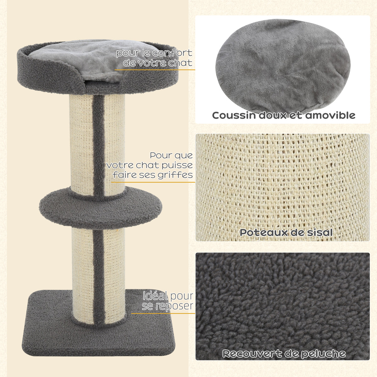 Arbre à chat, arbre à grimper griffoir pour chat, tissu bouclette, centre d'activités 2 plate-formes gris-4