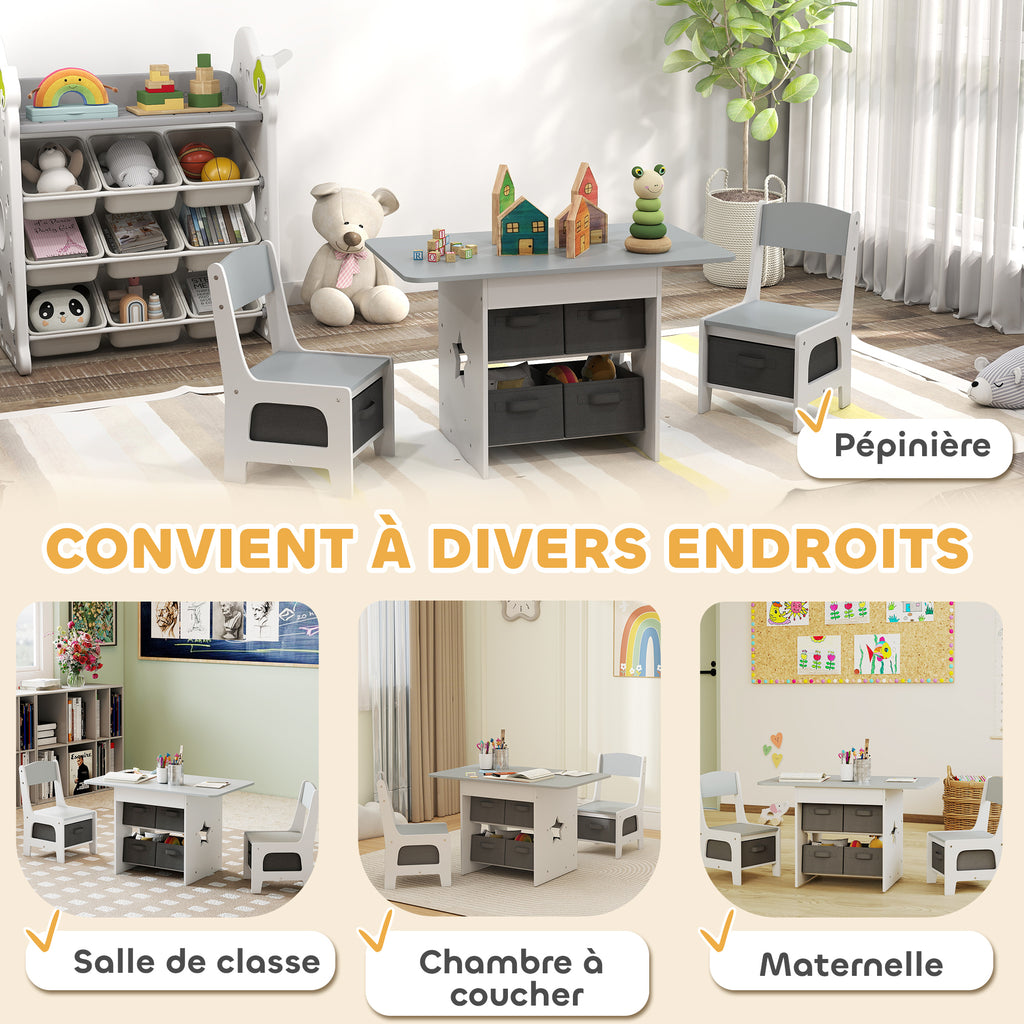 Ensemble table et 2 chaises enfant avec 6 tiroirs amovibles, pour fille garçon 3-8 ans, gris-6