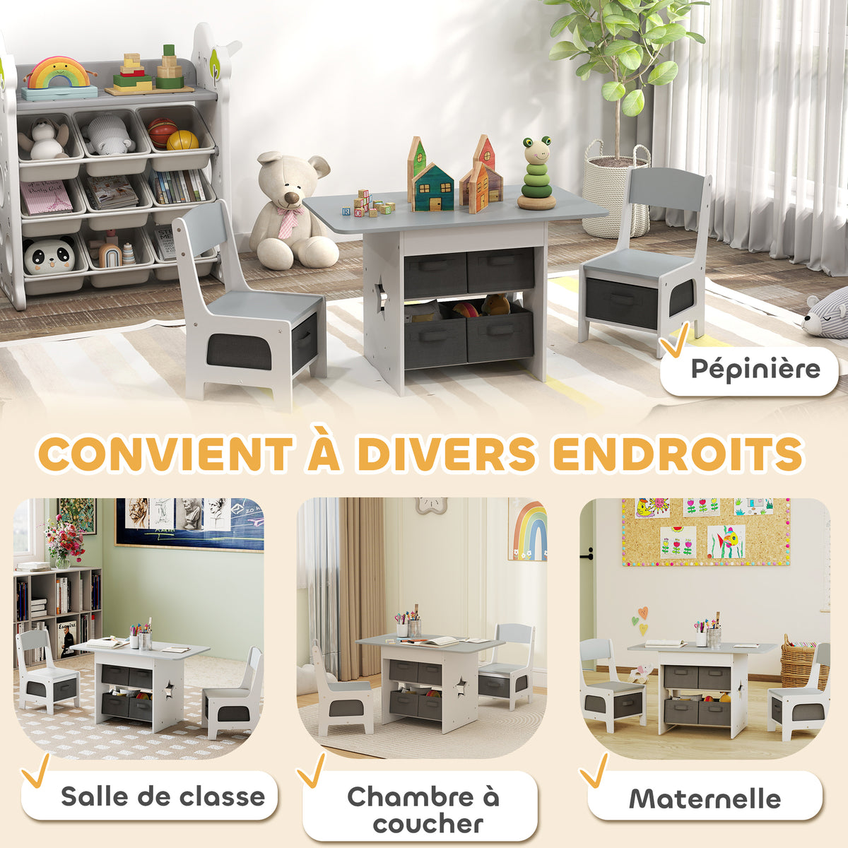 Ensemble table et 2 chaises enfant avec 6 tiroirs amovibles, pour fille garçon 3-8 ans, gris-6