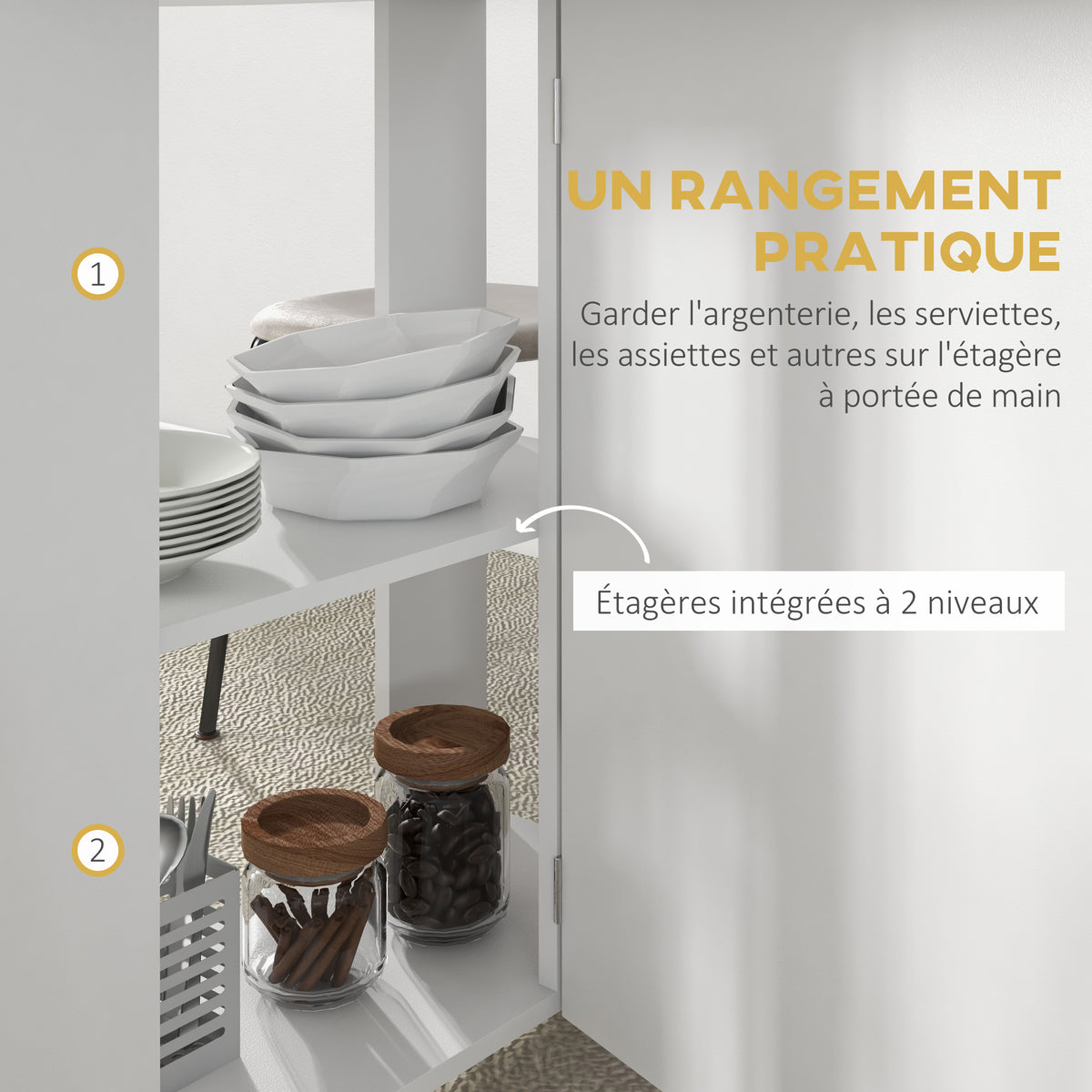 Table à manger pliante sur roulettes, table de cuisine pour 4 personnes, 2 abattants et 2 étagères, 120x60x77cm, blanc-4