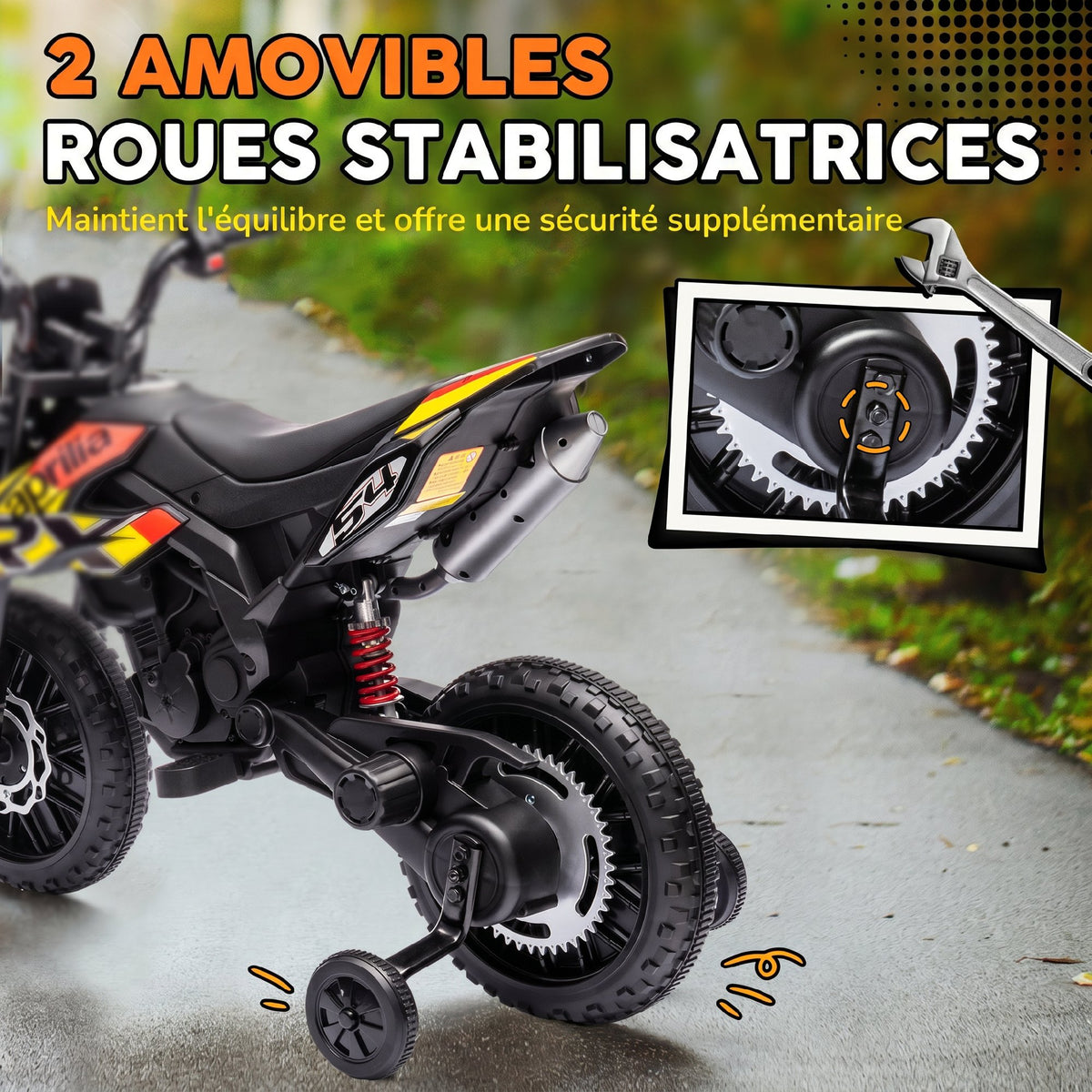 Moto électrique enfants sous licence Aprilia avec 2 moteurs 12V, roues d'entraînement, lumière LED, musique - jaune-4