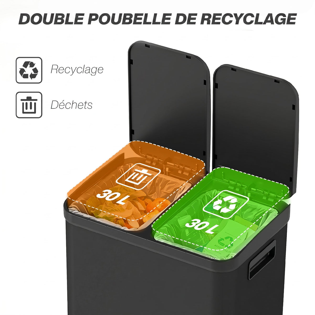 Poubelle de cuisine à double compartiment 2 x 30L avec pédale en acier inoxydable, couvercle à fermeture douce, noir-3