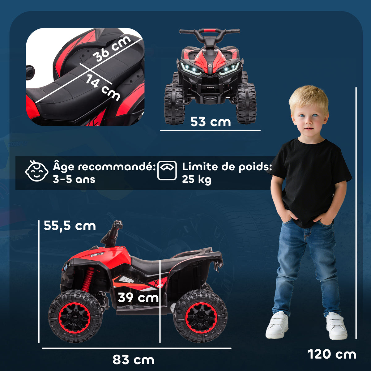 Quad électrique enfant de 3 à 5 ans 12 V 2 moteurs 2 vitesses 3-6 km/h phares LED klaxon rouge-2