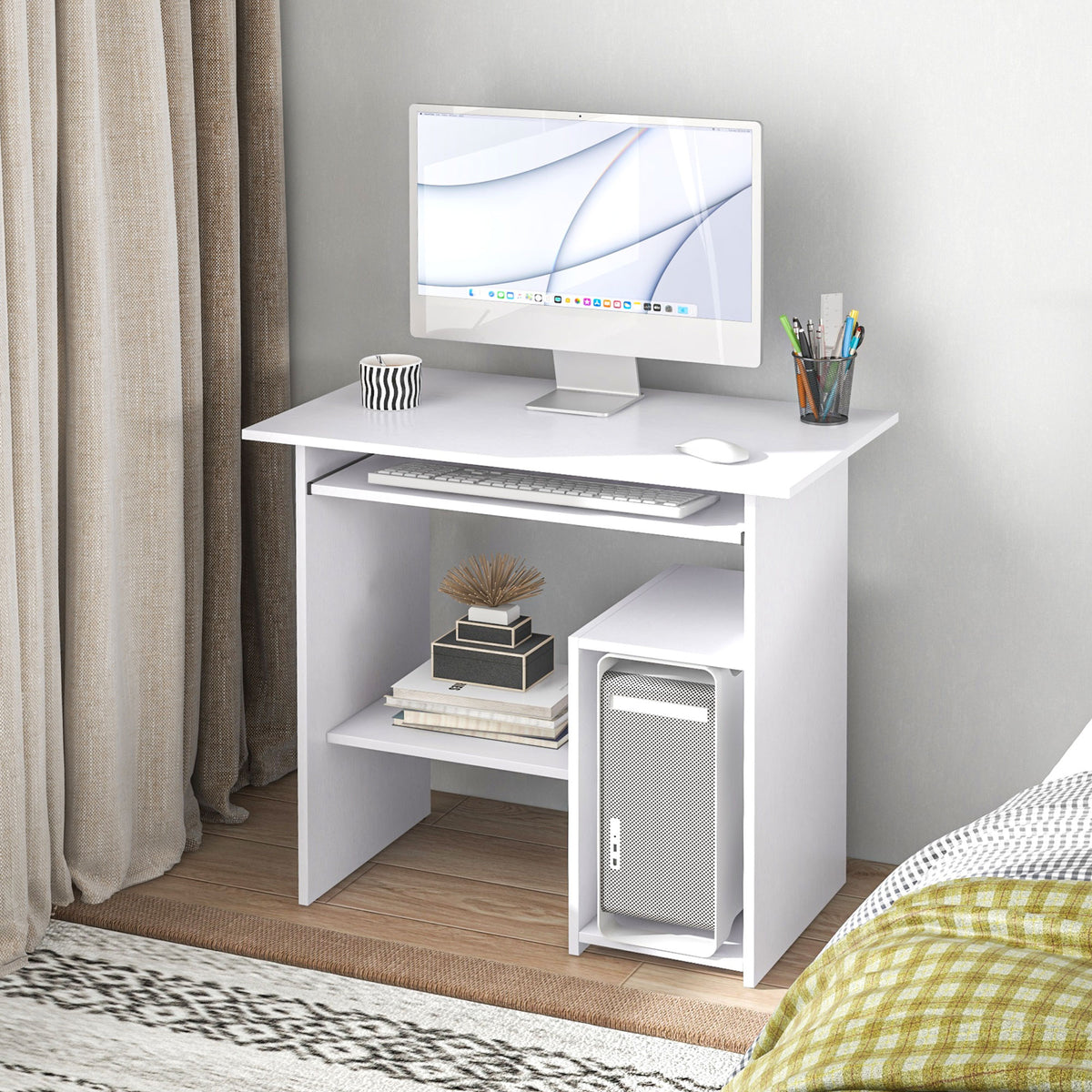 Bureau d'ordinateur, bureau avec rangement, plateau pour clavier et support de moniteur, 80 x 45 x 75 cm, blanc-9