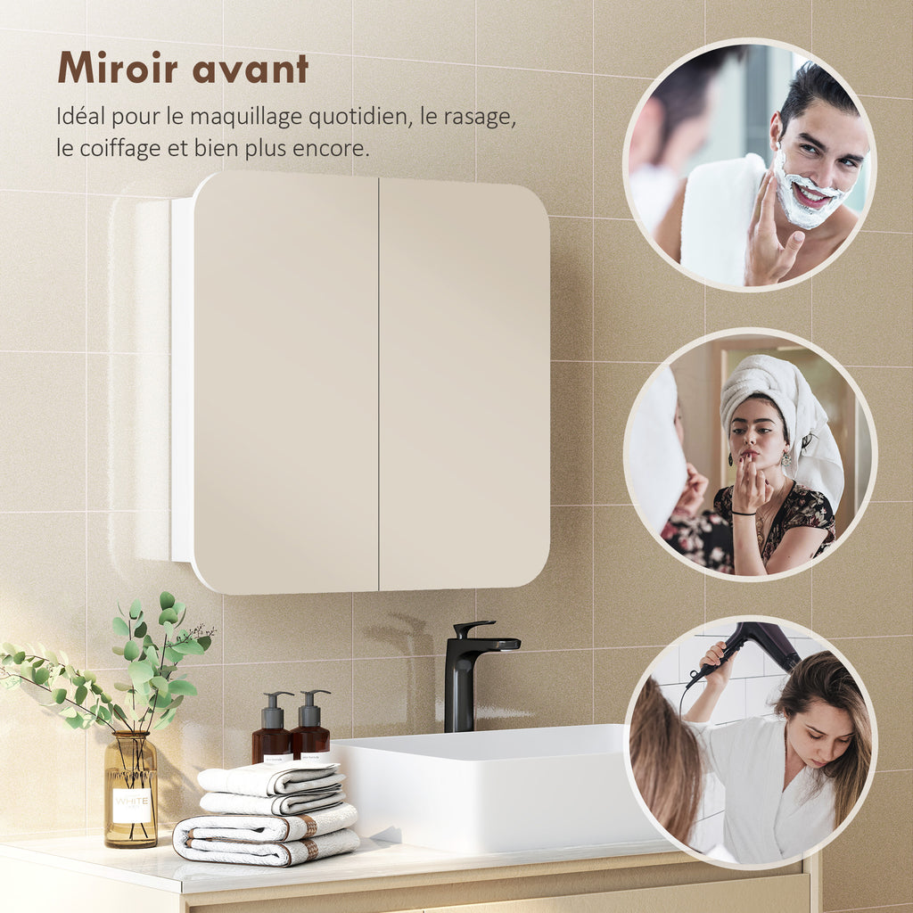 Armoire murale salle de bain avec miroir arqué meuble salle de bain étagère réglable portes miroir 68 x 13 x 66 cm blanc-6