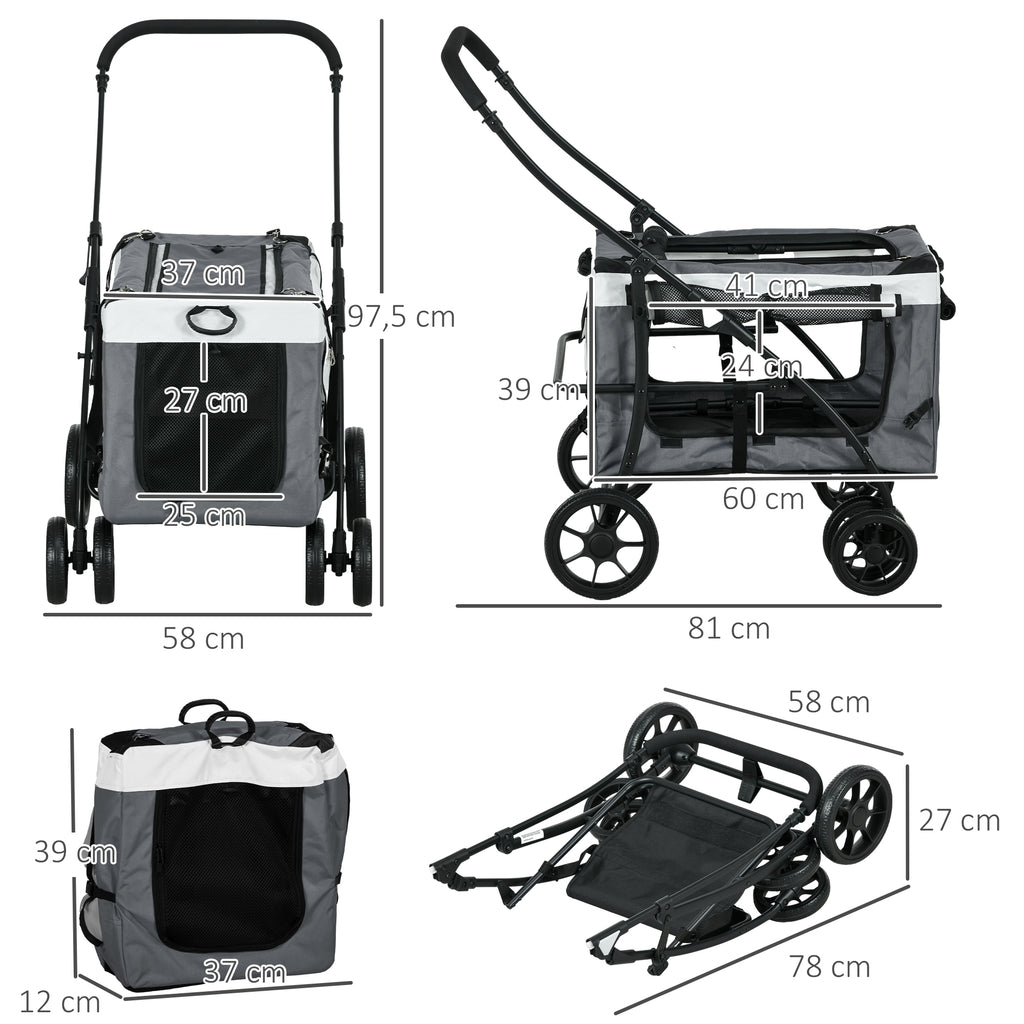 Poussette pliable animaux chien chat nacelle amovible bandoulières 4 roues 81 x 58 x 97,5 cm gris-2