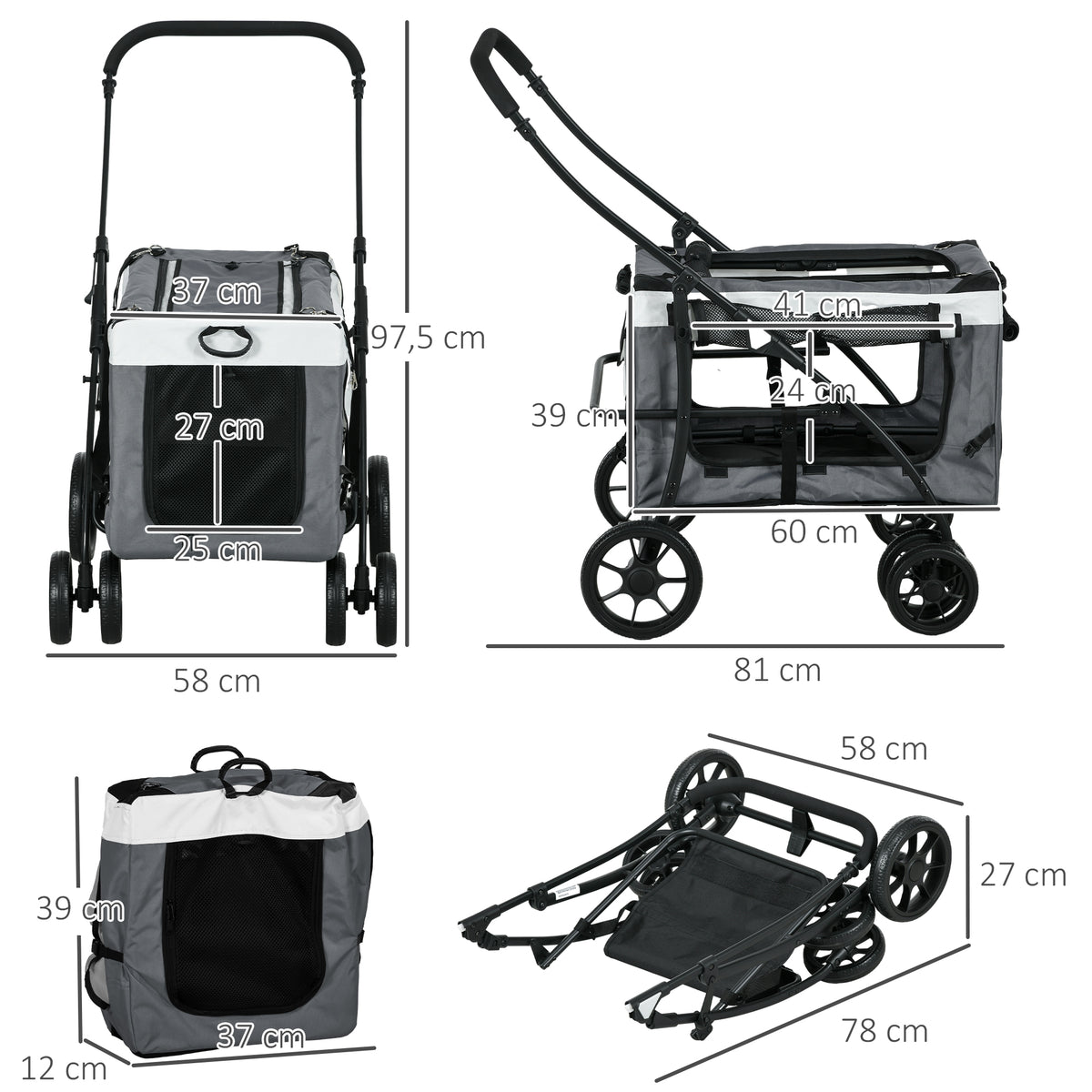 Poussette pliable animaux chien chat nacelle amovible bandoulières 4 roues 81 x 58 x 97,5 cm gris-2