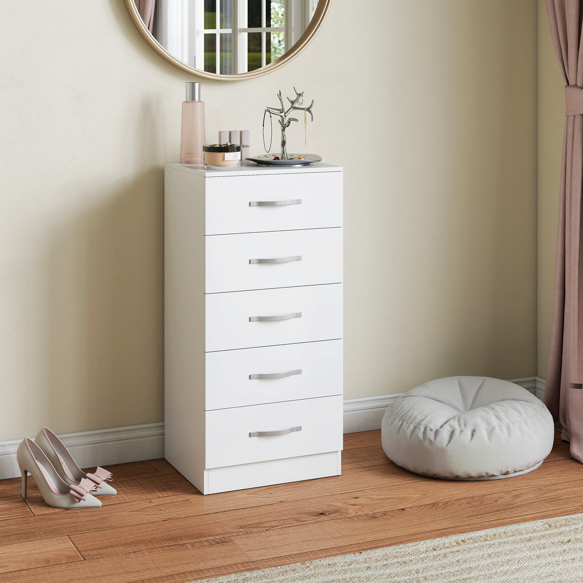 Commode 5 tiroirs, meuble de rangement étroit, style moderne, pour chambre à coucher, salon, couloir, 40x35x85cm, blanc-7