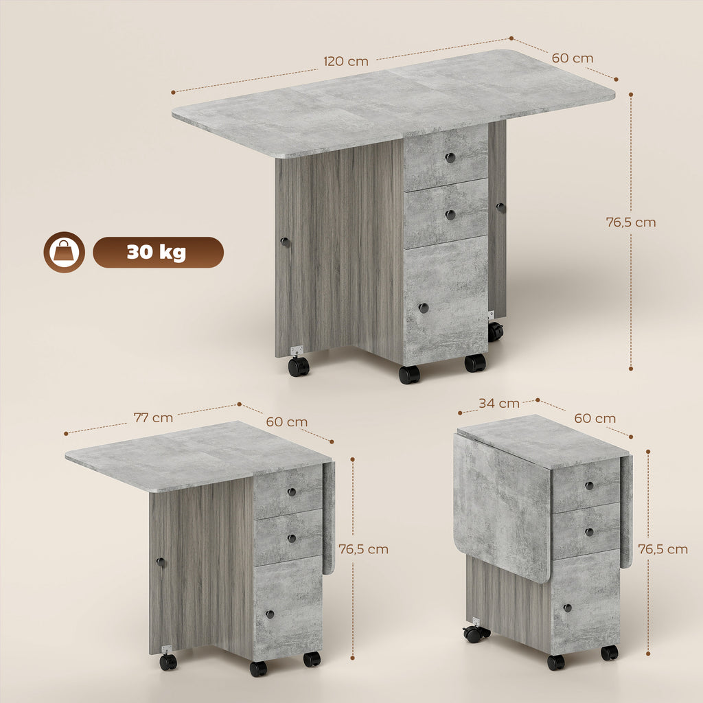 Table de cuisine pliable table à manger pliante 2 plateaux rabattables avec 2 tiroirs 1 placard et 1 étagère de rangement 120 x 60 x 76,5 cm - gris-2