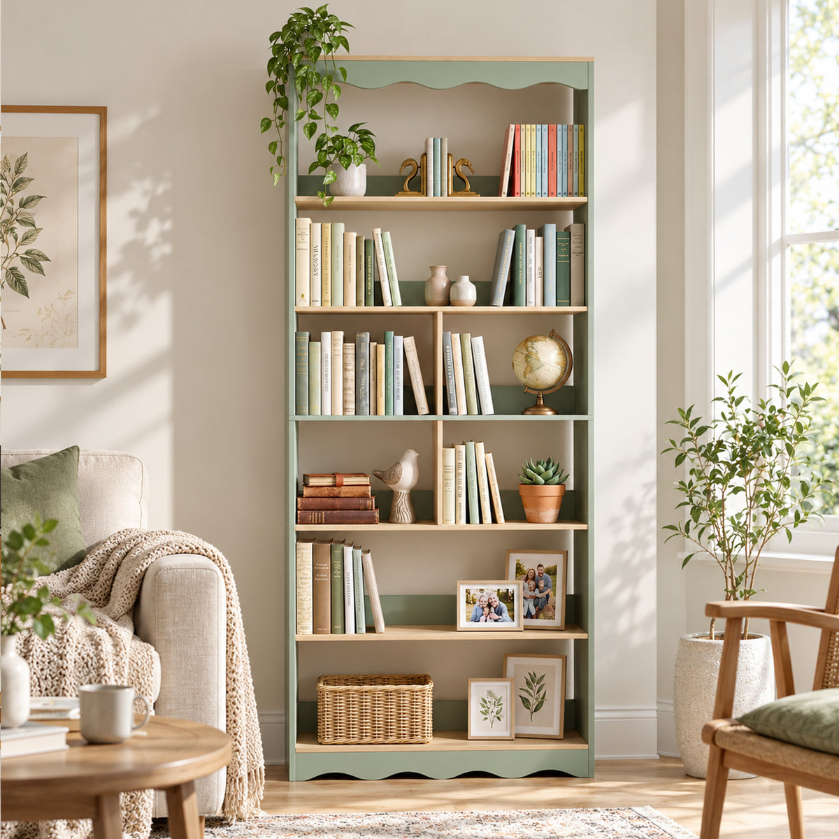 Bibliothèque, étagère de rangement à 6 niveaux avec 6 compartiments ouverts, 76 x 23,8 x 180 cm, bois naturel et vert-8