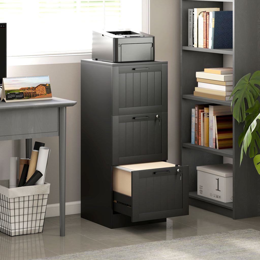 Caisson bureau, meuble rangement bois 3 tiroirs et serrure, barres de suspension réglables, 40 x 40 x 101 cm, noir-1