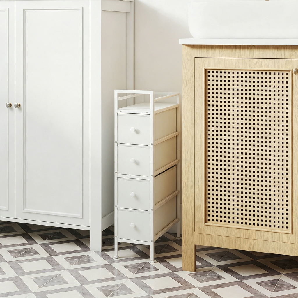 Commode 4 Tiroirs Pliables en Tissu, Meuble de Rangement Étroit, Style Moderne, Cadre en Acier, 20 x 43 x 81,5 cm Blanc-1