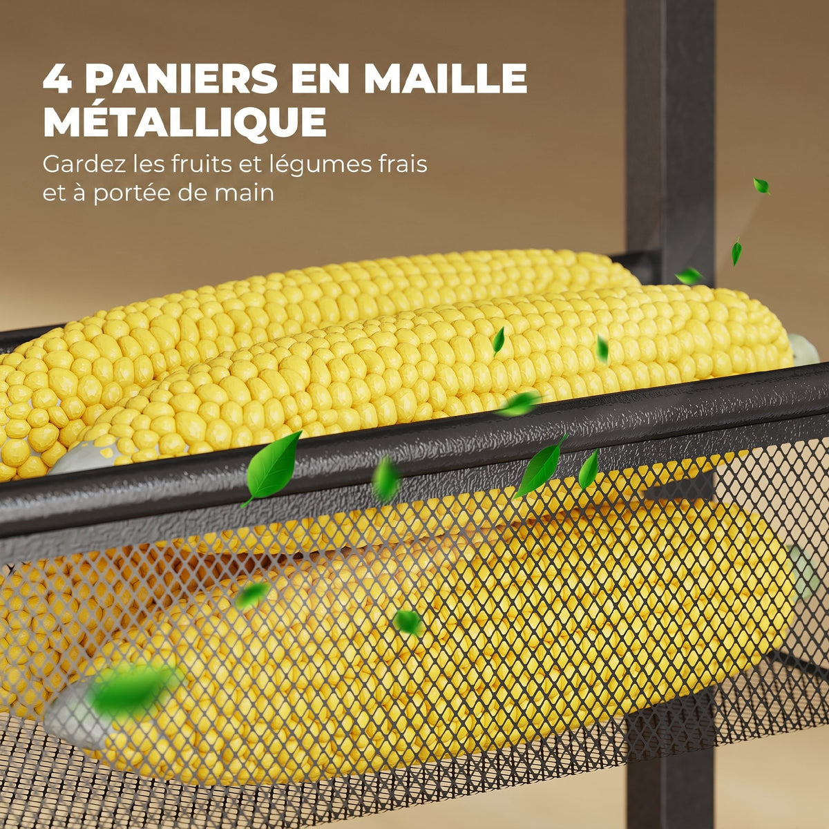 Chariot de Rangement en Métal à 5 Niveaux, 4 Paniers en Maille, Poignée, Plateau Effet Bois, 47 x 13 x 96,5 cm, Noir-4