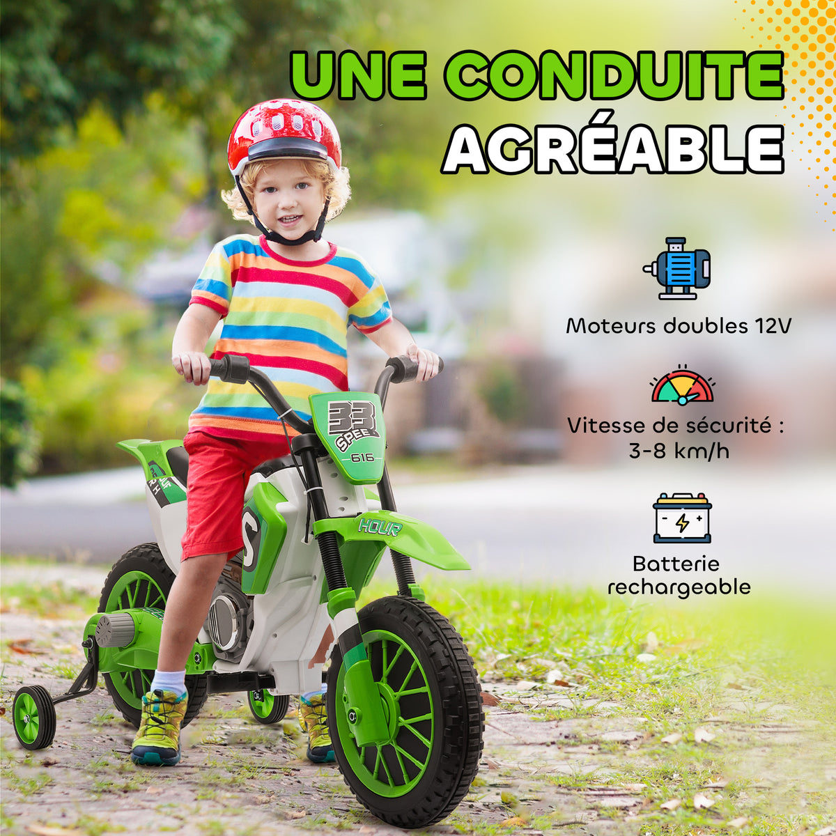 Moto Cross électrique pour Enfant 3 à 5 Ans 12 V 3-8 Km/h avec roulettes latérales Amovibles dim. 106,5L x 51,5l x 68H cm Vert-3