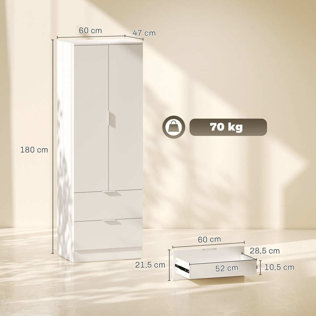 Armoire Chambre Penderie avec 2 Tiroirs, 2 Portes à Fermeture Douce et Barre de Suspension, 60 x 47 x 180 cm, Blanc-2