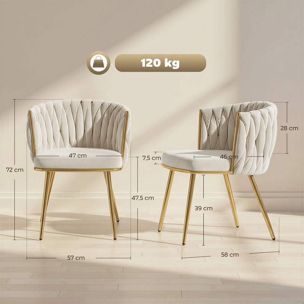 Lot de 2 chaises de salle à manger, chaises de cuisine rembourrées en velours avec dossier tressé et accoudoirs, crème-2