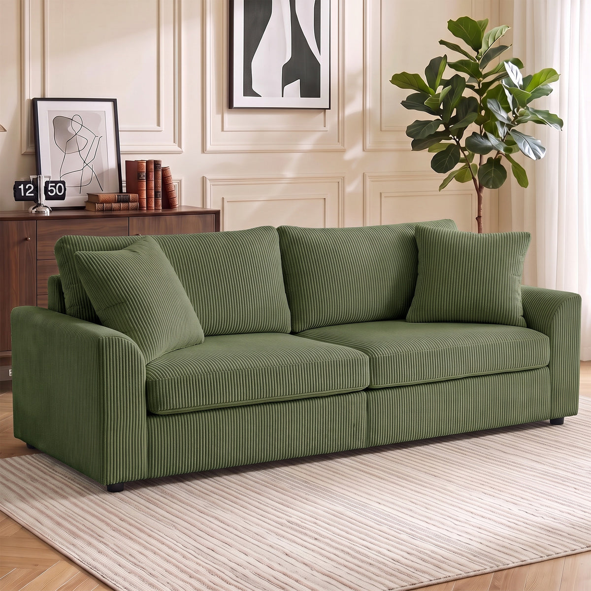 Canapé 3 places 212 cm avec 2 coussins à ressorts, tissu velours côtelé, pour salon, chambre, bureau à domicile, vert-1