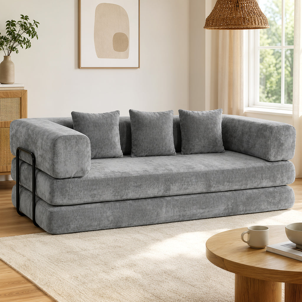 Canapé Convertible 3 Places Compressé 5 en 1, Canapé-Lit en Chenille 205cm, Assise Profonde, 2 Coussins, Gris-1