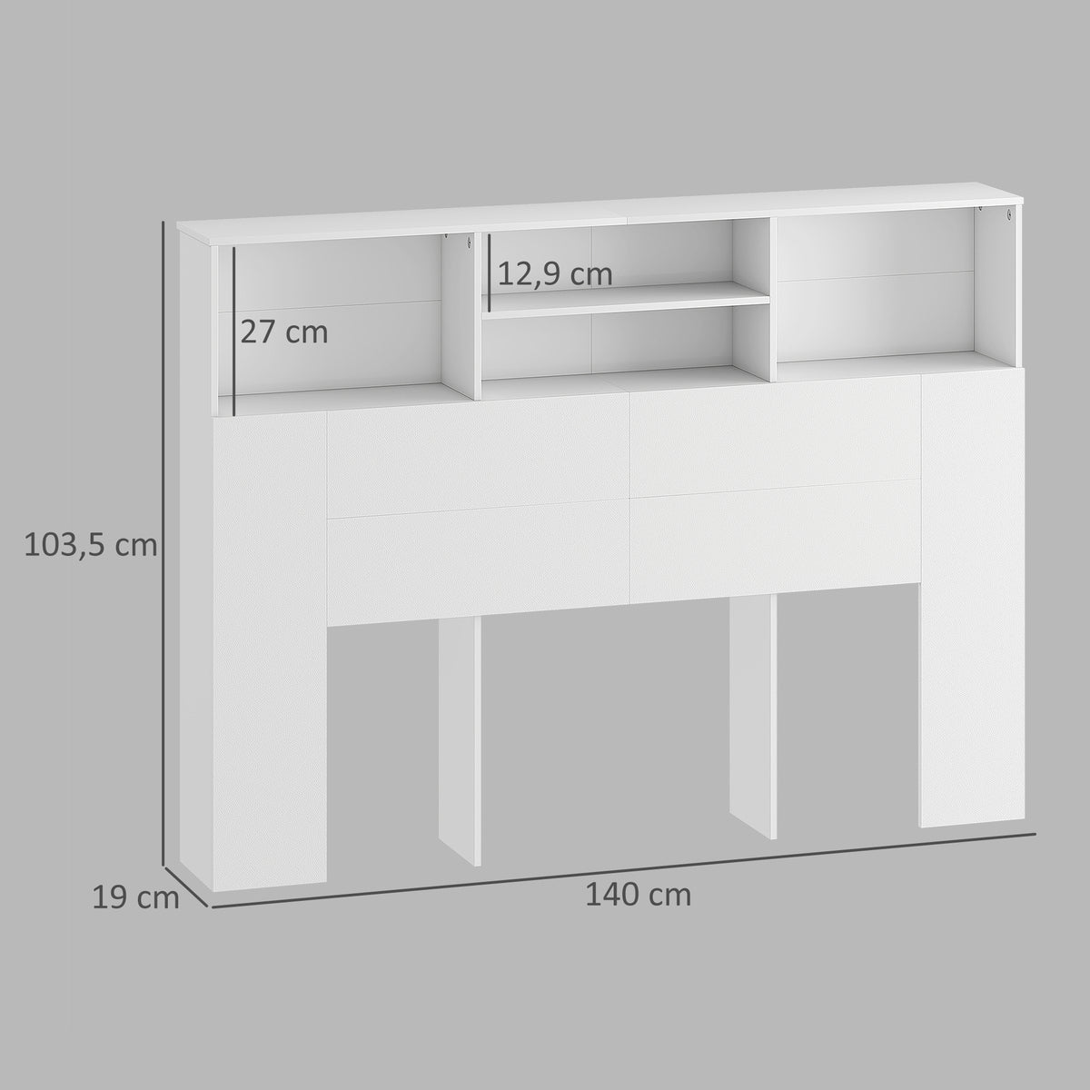 Tête de lit sur pied avec rangements, accessoire de lit 4 compartiments ouverts, 140 x 19 x 103,5 cm, blanc-2
