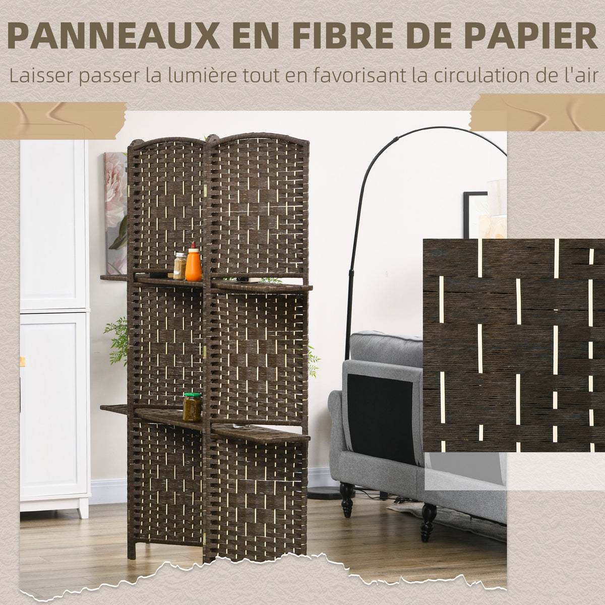 Paravent séparateur de pièce 4 panneaux 160 x170 cm avec 2 étagères, pliable, en bois-5