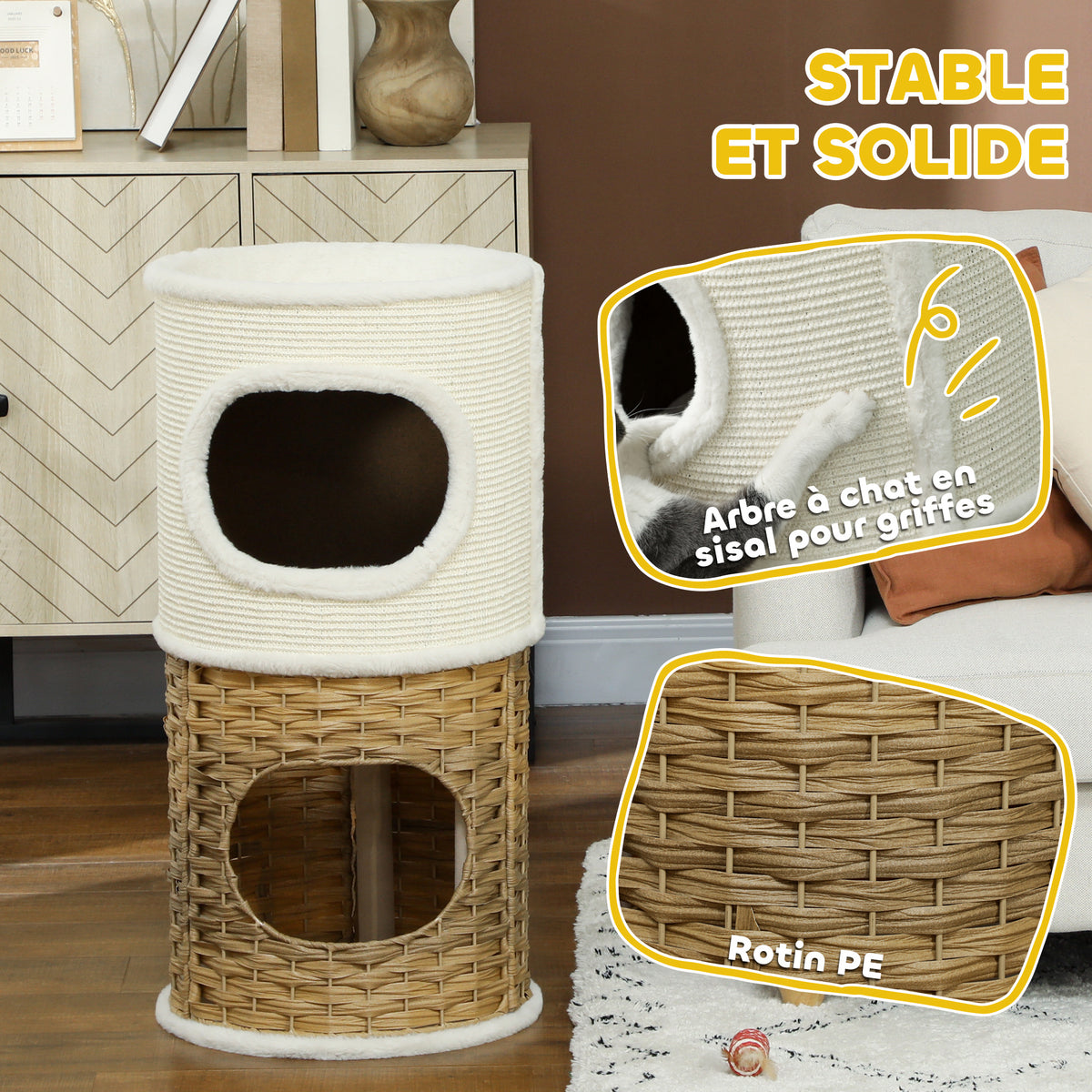Niche pour chat d'intérieur à 3 niveaux, tour pour chat avec griffoir en sisal à griffer Ø 40 x 80 cm, crème-4
