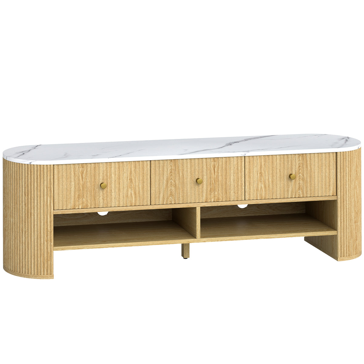 Meuble TV 140 cm, meuble télé pour téléviseur 65 pouces effet marbre 3 tiroirs façades à cannelures effet bois naturel-0