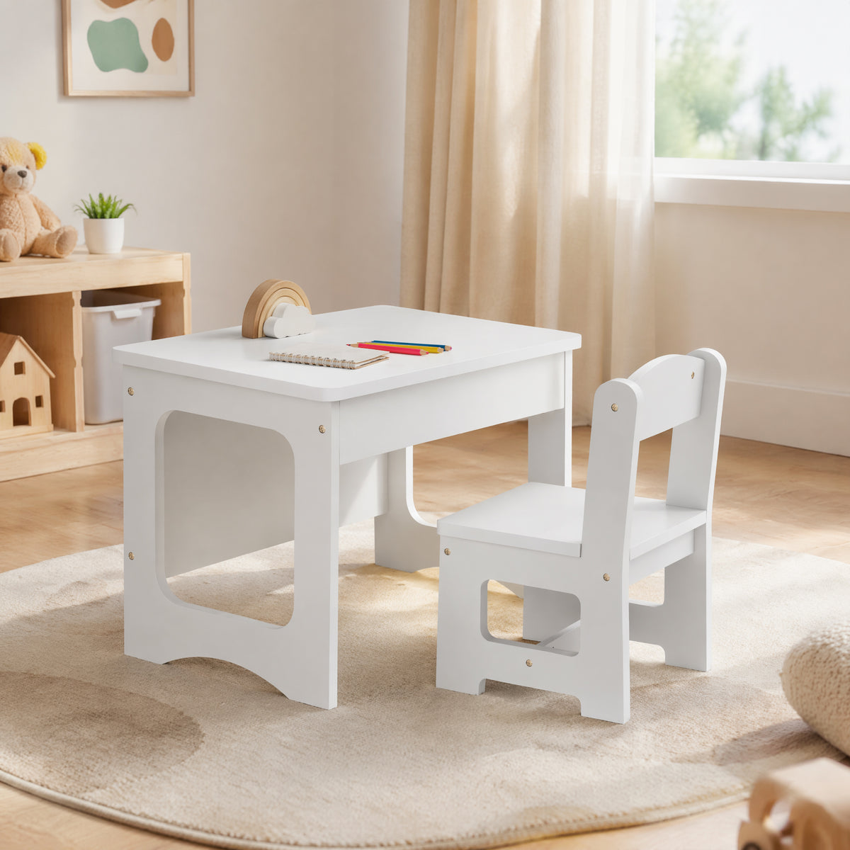 Bureau et Chaise pour Enfant avec Plateau Réversible Tableau Noir, 3 à 6 Ans, Blanc-1