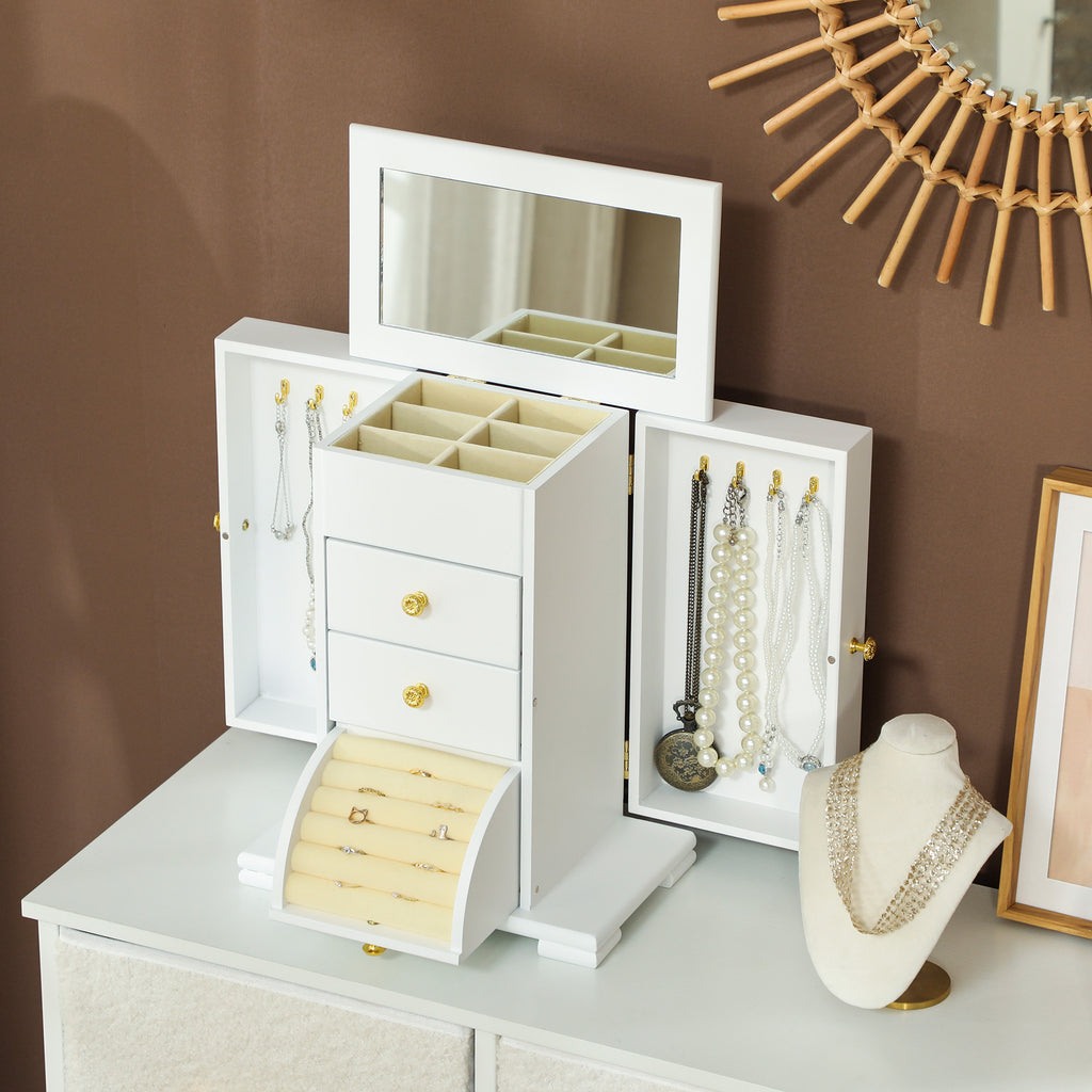 Boîte à Bijoux Femme à 4 Niveaux, Coffre à Bijoux en Bois avec Ailes, Miroir et 2 Tiroirs, 26,5x16 x33,5 cm, Blanc-9