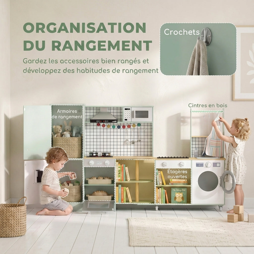 Cuisine Enfant Jouet d'Imitation, Micro-Ondes, Four, Plateau Rotatif sur Roulettes, 160x32x97,5cm, Vert Clair-6