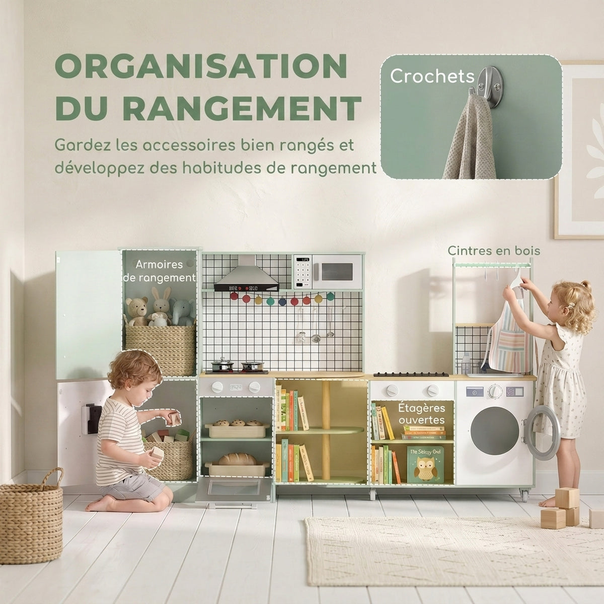 Cuisine Enfant Jouet d'Imitation, Micro-Ondes, Four, Plateau Rotatif sur Roulettes, 160x32x97,5cm, Vert Clair-6